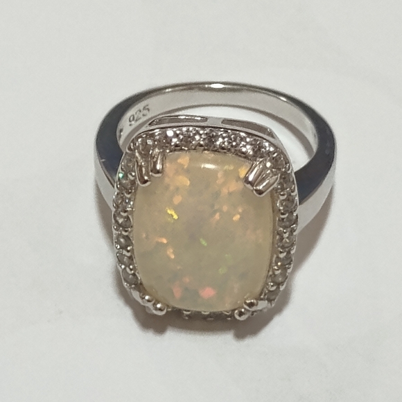 Modern Minimalist Silver Opal Gemstone Wedding Rings For Women, Sz 7 - Picture 5 of 10